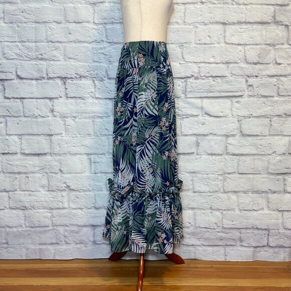 Walter Baker Navy Blue Floral Palm Print Tiered Maxi Skirt - Picture 3 of 9